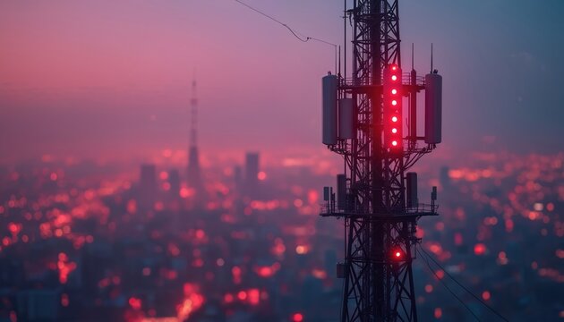 Cell tower glows with red lights against hazy purple sky. City lights bokeh blur in background. Represents communication, technology, network signal, wireless data transmission, urban infrastructure