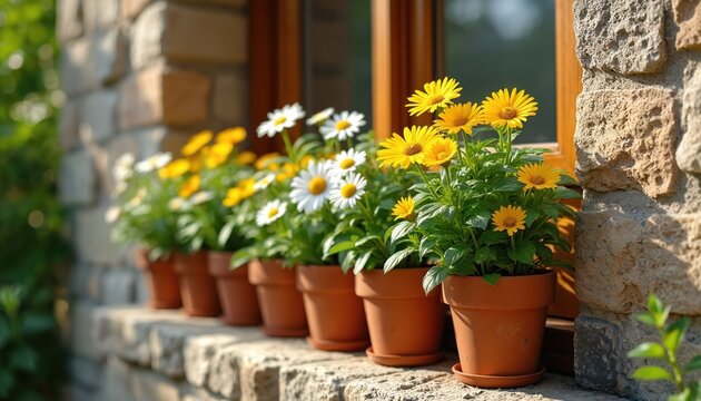 Potted daisies, yellow flowers bloom on stone windowsill beside wooden window frame. Plants, vibrant floral arrangement add charm to rustic outdoor setting, evoking spring, summer. Terrace decoration.