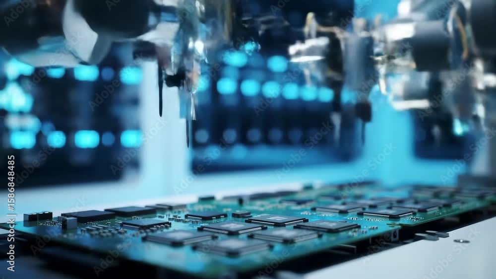 Poster close up of a robotic arm working on a circuit board with blue lights in the background in a factory