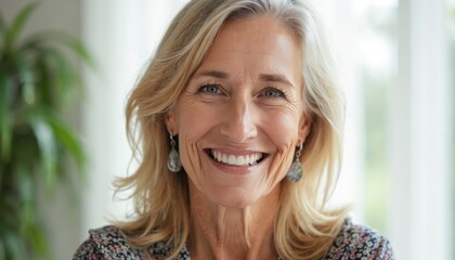 Portrait of smiling 48 year old woman with blonde hair. Wears casual attire, attractive earrings. Soft indoor light illuminates friendly, confident expression. Headshot captures mature, positive