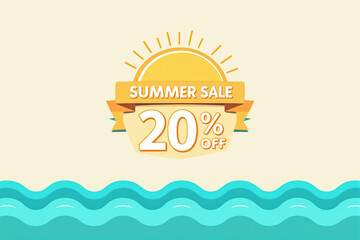 Minimalist "SUMMER SALE 20% OFF" banner with sun graphic and ocean waves, ideal for seasonal discounts.