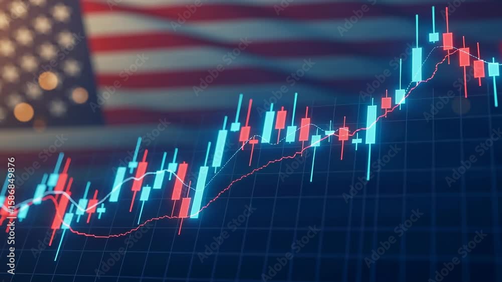 Aufkleber stock market data with candlestick chart and red line graph over a background of the american flag f