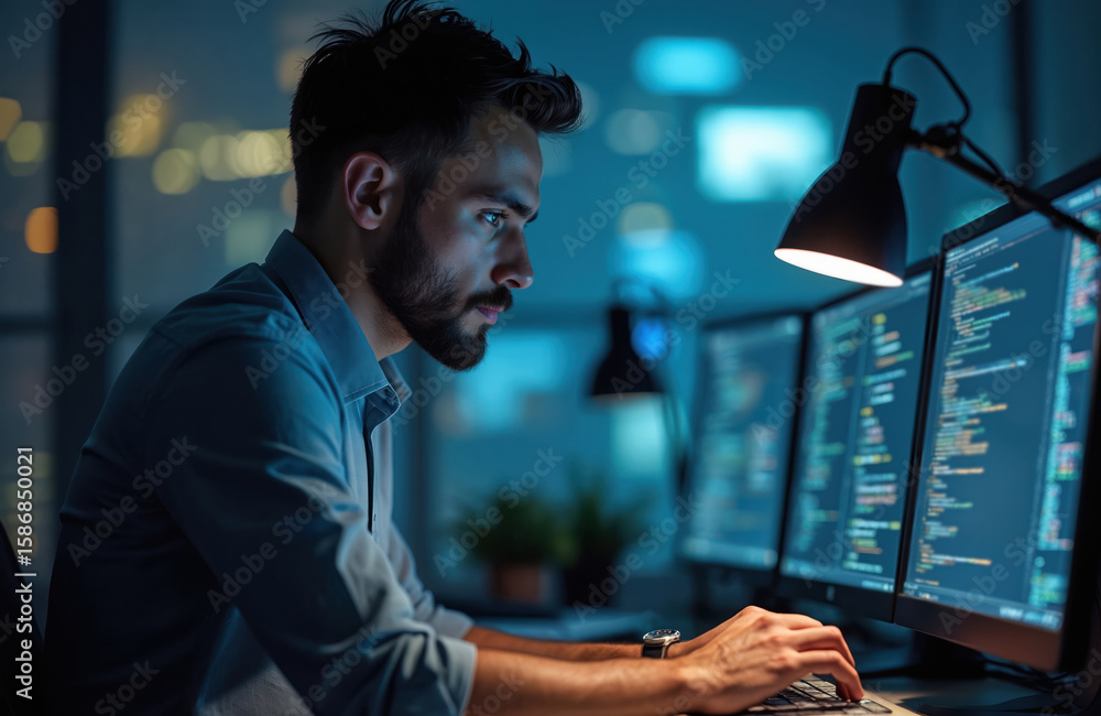 Poster man in blue shirt intensely focuses on multiple computer screens displaying code. typing on keyboard