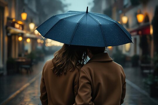 Back view of a couple sharing an umbrella on a rainy street at night, with blurred city lights in the background, symbolizing togetherness.