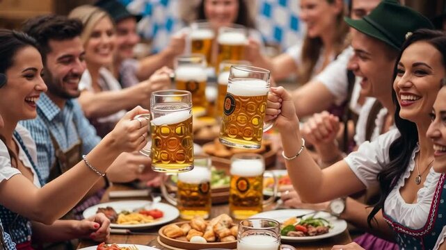A diverse group of men and women in traditional German attire toast beer mugs at an Oktoberfest celebration footage.