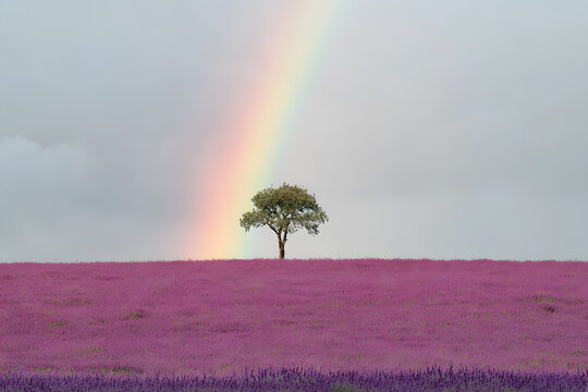 a lone tree in a field of purple flowers