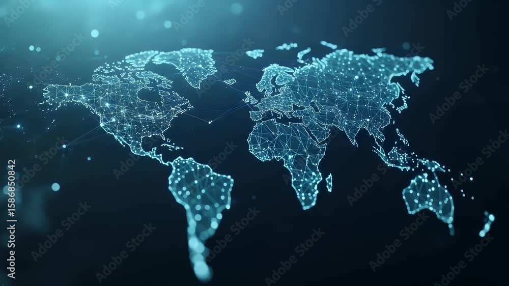 Poster a digital world map rendered with glowing nodes and connected lines, on a dark background