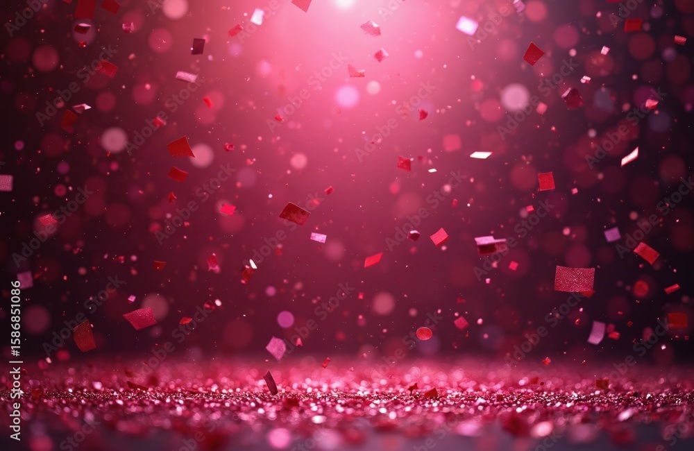 Poster pink confetti falling on magenta background with blurred bokeh effect. sparkling particles and glitt