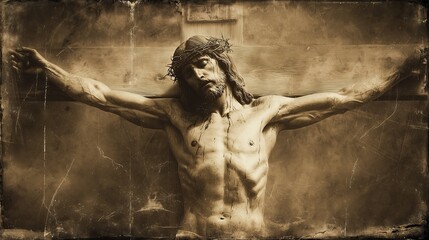old worn vintage sepia toned polaroid photo of Jesus Christ crucifixion