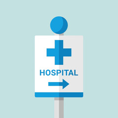 Obraz premium Hospital sign with cross and arrow pointing right on a light blue background.