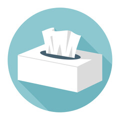 White tissue box with tissues inside a light blue circle background.