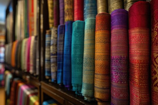 Colorful silk textiles on display in Asian market shop - Powered by Adobe