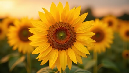 Obraz premium Close-up of a large yellow sunflower in a field with blurred sunflowers in the background at sunset, symbolizing nature's beauty and summer.