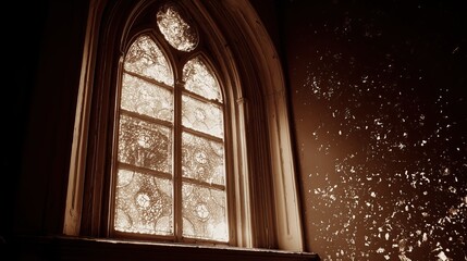 old worn vintage sepia toned polaroid photo of church interior with stained glass window