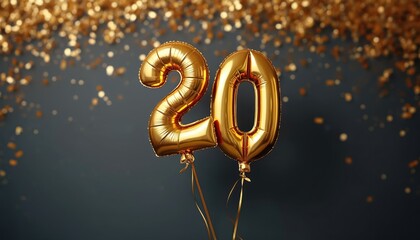 Shiny gold foil number 20 balloons float against dark background with golden confetti. Celebrate 20th birthday, anniversary, corporate event. Elegant festive decor for invitations, flyers, greeting