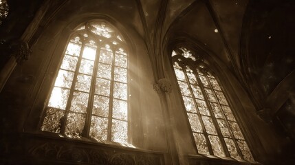 old worn vintage sepia toned polaroid photo of church interior with stained glass window