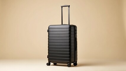 Sleek black rolling luggage with a telescopic handle, centered against a clean, warm-toned seamless paper background, revealing the subtle context of a professional photoshoot