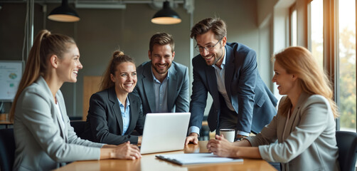 Business professionals collaborate around a laptop in modern office. Diverse team, men and women, engage in lively discussion, smiling. Success, teamwork, and workplace productivity conveyed.