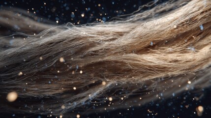 Hemp hurd fibers undergo steaming, enhancing their pliability and lightness, preparing them for processing into transparent material, with subtle golden particles adding a touch of elegance