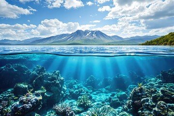 Split view of a clear blue lake and an underwater coral reef with a snowy mountain landscape above, symbolizing ecosystem and natural beauty.