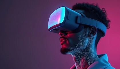 Man experiences metaverse using VR goggles. Futuristic virtual reality device. Cyberpunk neon lighting, digital data patterns on face. Immersion in digital world simulation. Innovation, technology,