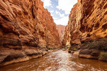 Narrow red rock canyon with a flowing brown river under a clear sky, showcasing a dramatic geological formation.