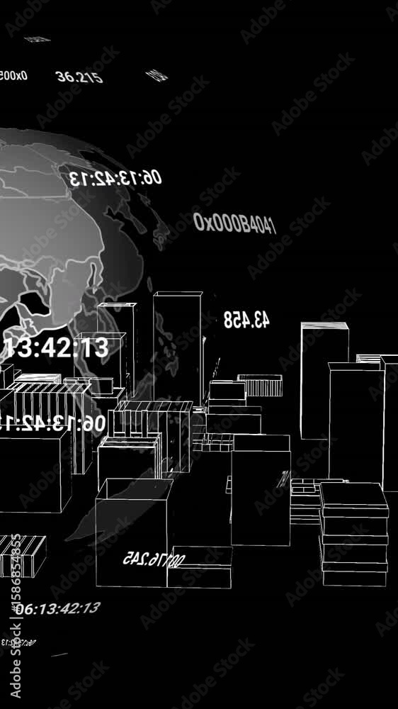 Poster digital world map and data codes animation over wireframe cityscape
