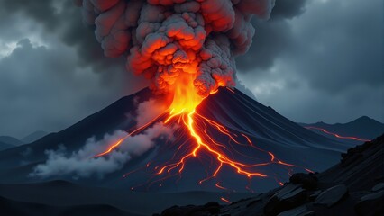 Dramatic volcanic eruption with molten lava flowing down the slopes and a large ash cloud in the dark sky.