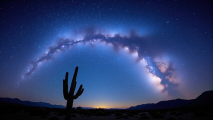Majestic Milky Way galaxy arching over a silhouetted saguaro cactus in a desert landscape at night, symbolizing cosmic wonder.