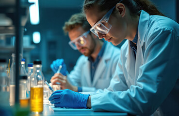 Scientists in lab coats, safety glasses perform chemical experiments with test tubes. Researchers collaborate on vaccine development, using microscopes, lab equipment for precise analysis, data
