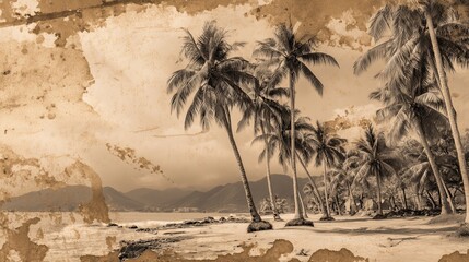 old worn vintage sepia toned polaroid photo of sunny sand beach with palm trees