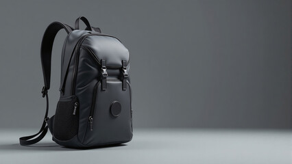 Sleek black backpack on a grey background, suitable for travel, school, or daily use concepts with copy space.