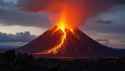 Dramatic volcanic eruption with fiery lava flowing down the cone and an ash cloud against a dark sky at dusk.