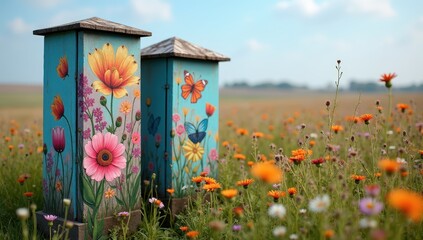 Two decorative painted beehives in a vibrant wildflower field under a blue sky, symbolizing pollinators, nature, and art.