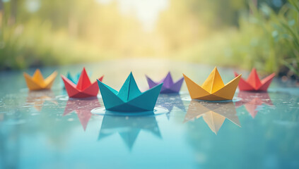 Row of colorful origami paper boats floating on a calm puddle with sunny reflections, symbolizing childhood joy and simplicity.
