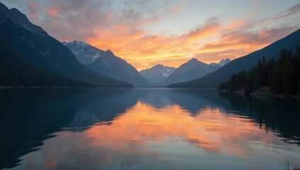 Serene mountain lake reflecting a vibrant orange and red sunset sky, flanked by dark forests and snowy peaks.