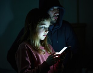 Young girl absorbed in smartphone, unaware of lurking danger. Anonymous man in hooded sweatshirt watches closely in dim light. Cyber safety theme, online vulnerability, digital addiction concerns for