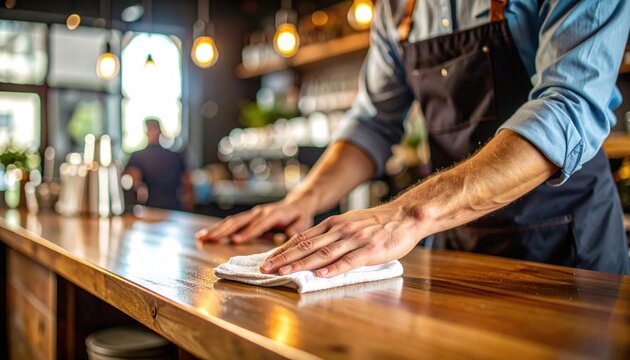 Restaurant Staff Cleaning Wooden Bar Counter
