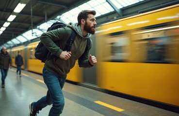 Bearded man with backpack runs for moving yellow train at Berlin subway station. Energetic urban travel, adventure, dynamic commute, late for transportation, motion blur conveys speed and rush.