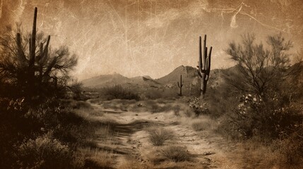 old worn vintage sepia toned polaroid photo of Sonoran Desert