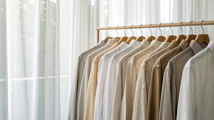 A minimalist and clean display of various neutral-toned shirts, including crisp white, cream, beige, and light brown, neatly organized on wooden hangers on a sleek wooden clothing rack
