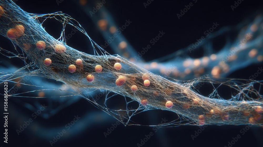 Poster microscopic bioionic fibers weaving intricate interactions with nanoparticles, revealing complex web