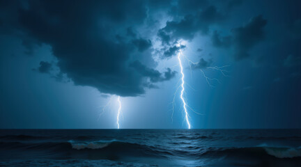 Dramatic lightning strikes over a stormy ocean with dark clouds, symbolizing power, danger, and intense weather.