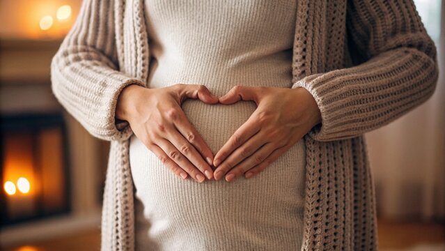 Close-up on a pregnant woman's belly, adorned with her hands forming a heart, conveying deep affection and care for her unborn child. This image highlights the emotional bond and joy of expecting