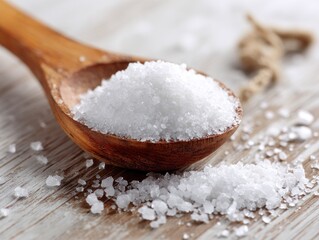 Wooden spoon of sea salt on wood, rustic background, food photography, cooking ingredient