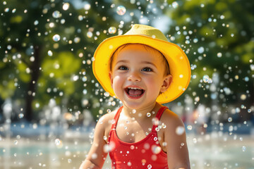 Adorable baby wearing a yellow hat, laughing joyfully amidst water sprinkles outdoors on a sunny day, symbolizing summer fun.