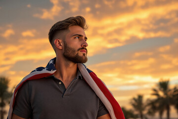 Young Caucasian man with a beard, draped in an American flag, looking confidently into the distance against a vibrant sunset with palm trees.