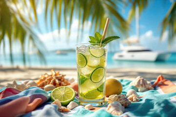Refreshing lime and mint drink with ice on a colorful beach blanket surrounded by seashells, with ocean and yacht in background, symbolizing summer relaxation.