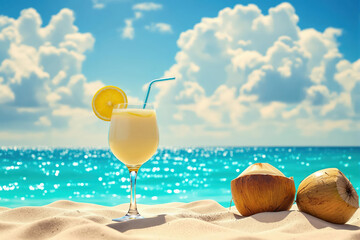 Creamy tropical cocktail with a lemon slice and straw on a sunny sandy beach, accompanied by two coconuts, symbolizing relaxation.