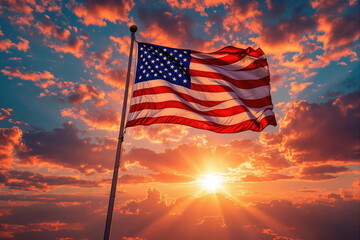 American flag waving proudly against a dramatic orange and blue sunset, symbolizing patriotism and national pride.